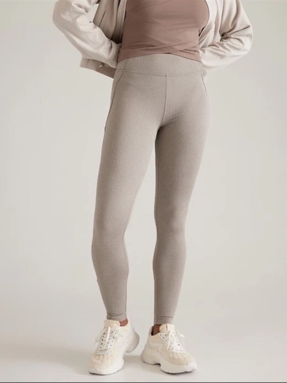 Athleta Delancey Skyline Herringbone Tight Leggings Pants Tan Size Medium